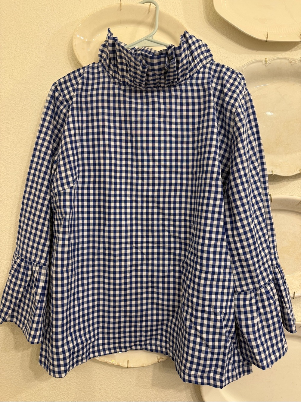 Blue Gingham Ruffle Neck Blouse - Women